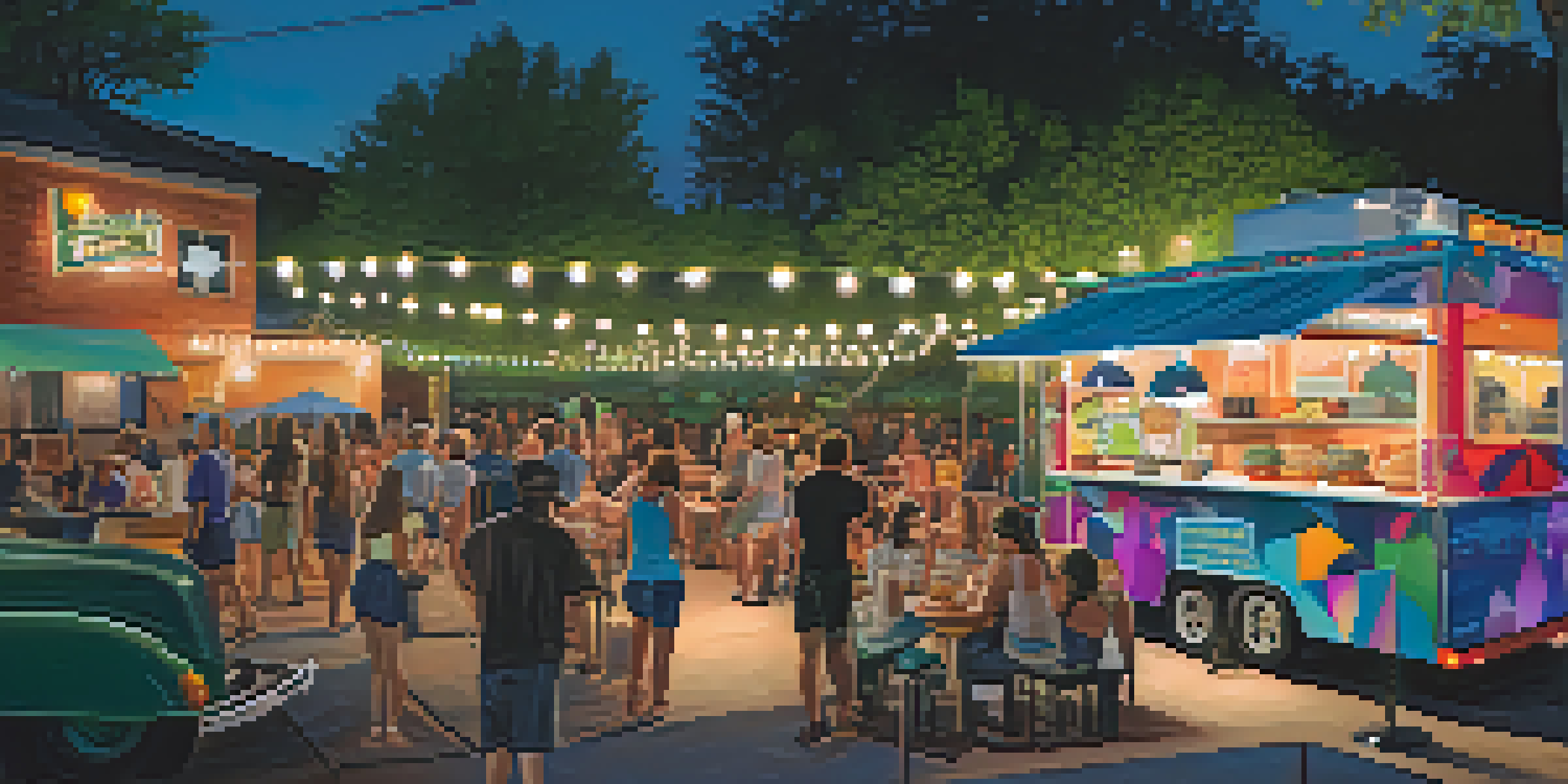 A lively food truck scene in Austin with colorful trucks and people enjoying food at picnic tables.
