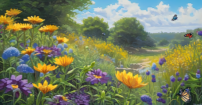 A colorful garden with native Texas plants, buzzing bees, and butterflies under a clear blue sky.