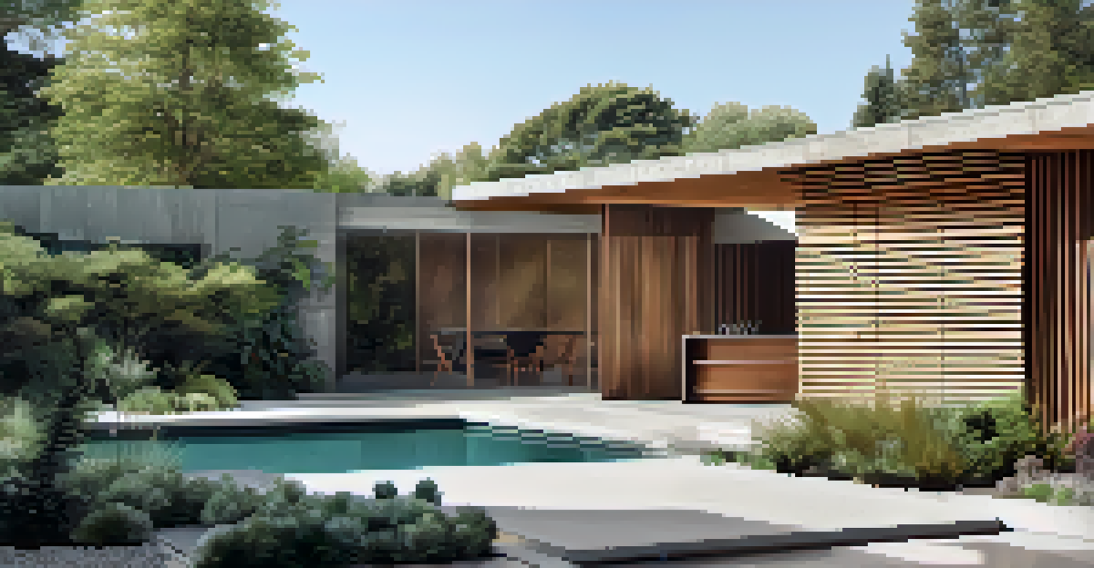 Close-up of plywood and concrete textures in Mid-Century Modern architecture, with a landscaped garden in the background.