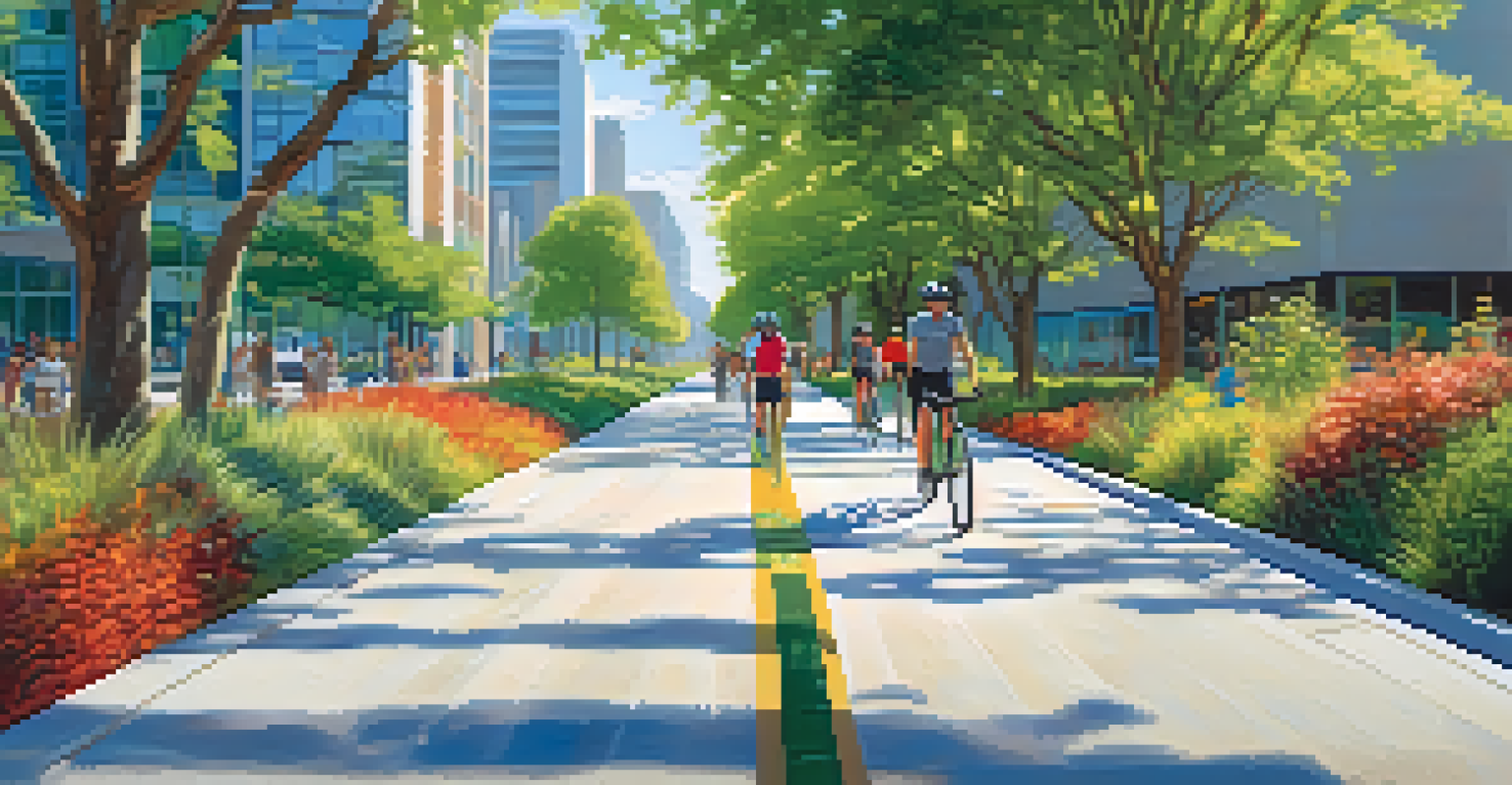 A scenic bike lane in an urban area, surrounded by native plants and trees, where cyclists are riding under a sunny sky with modern buildings in the background.