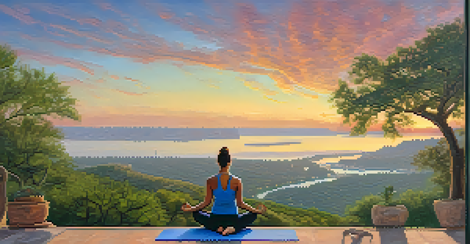A lone yogi practicing warrior pose at Mount Bonnell, with stunning views of the Colorado River and downtown Austin during sunrise.