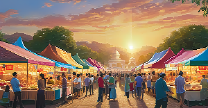 A lively food festival with colorful stalls and people of different backgrounds enjoying diverse cuisines.