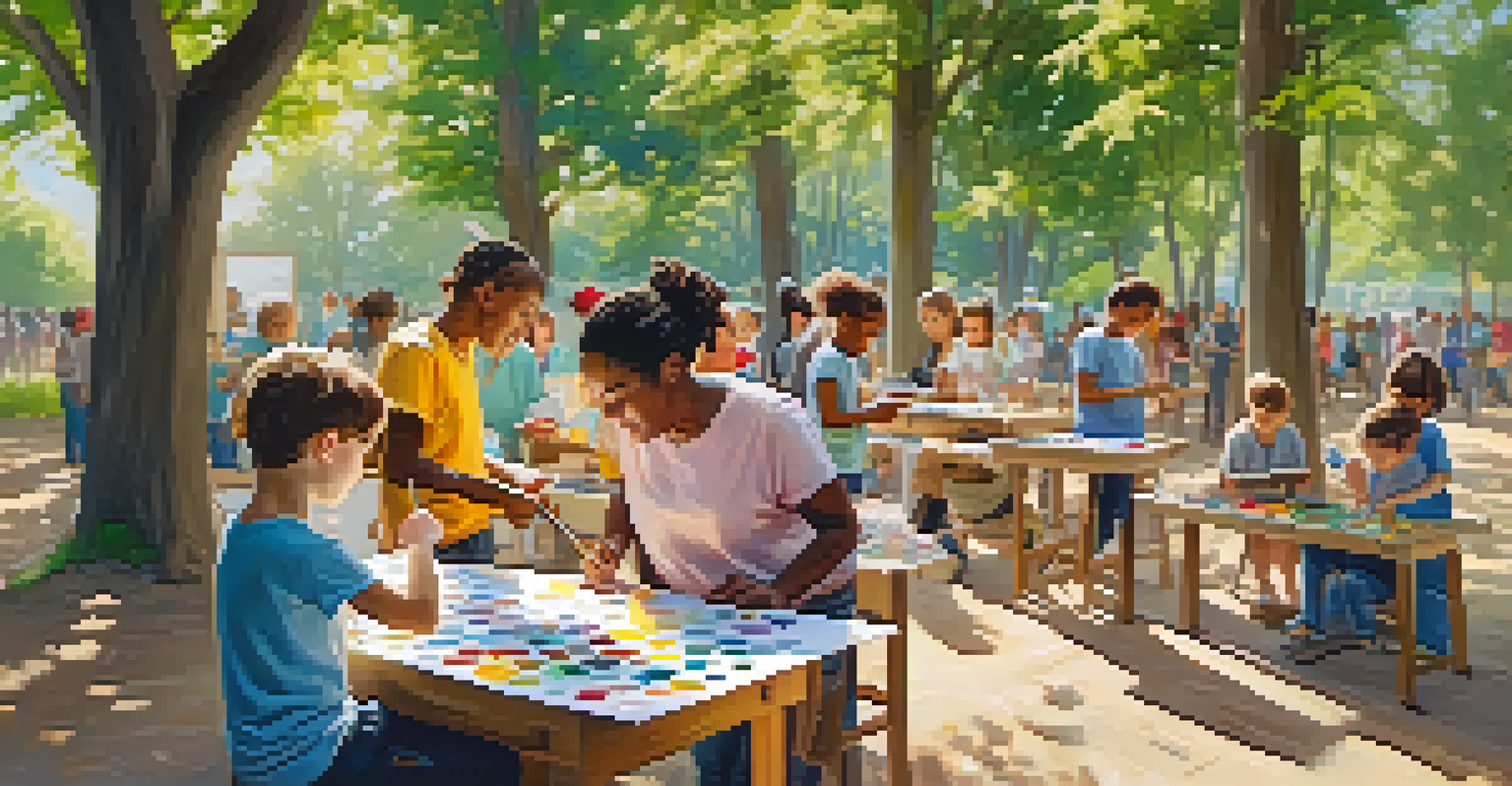 A community art workshop in a park where local artists help children paint, surrounded by trees and bright colors.