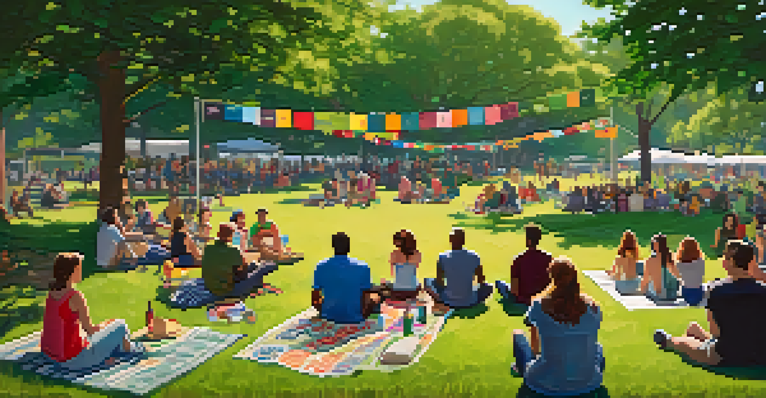 A community gathering in an Austin park with people listening to a live podcast, surrounded by greenery and colorful flowers.