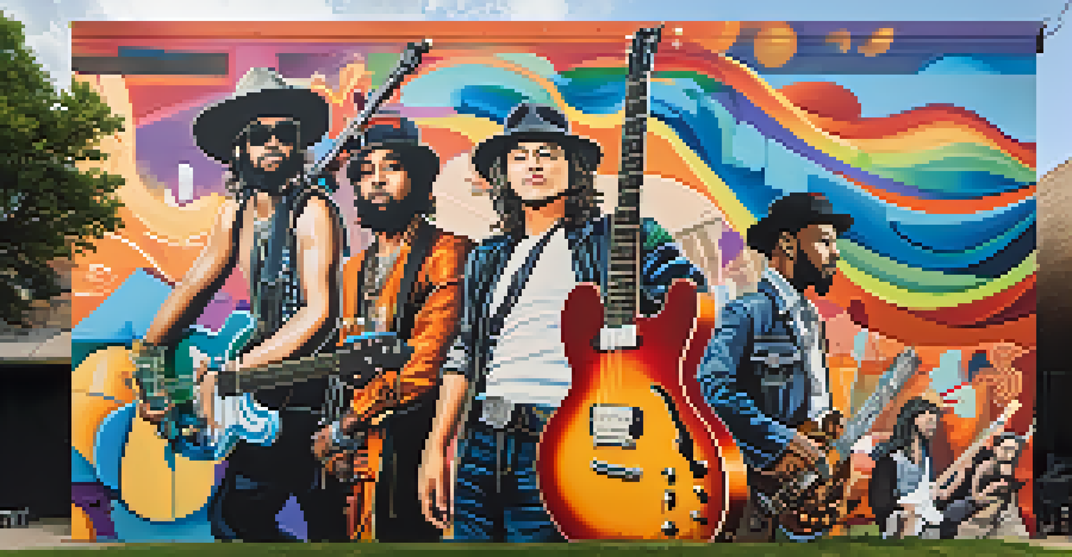 A vibrant mural celebrating Austin's music scene featuring various musicians and instruments against an urban backdrop.