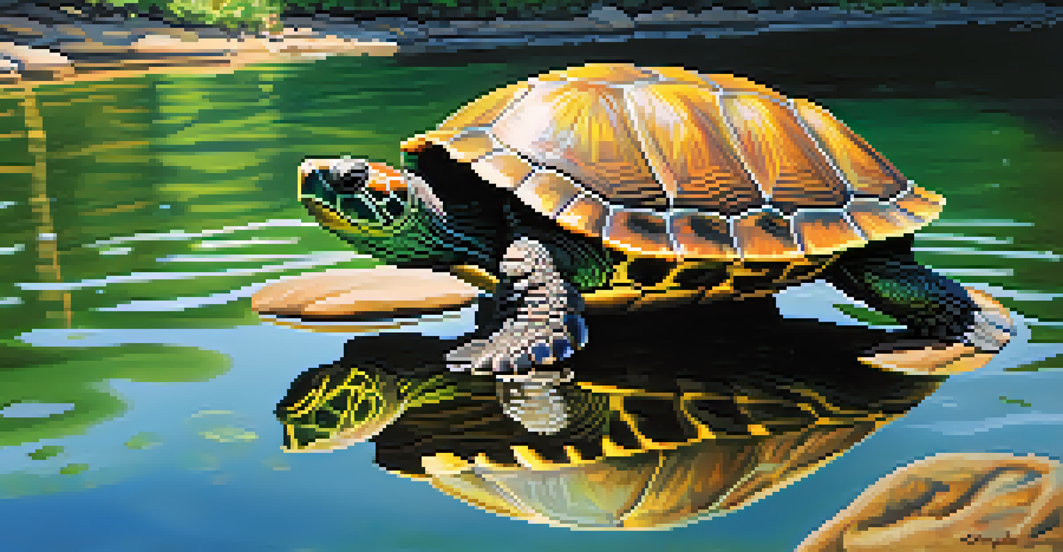 A turtle resting on a rock by the riverbank, with fish swimming in the water below.