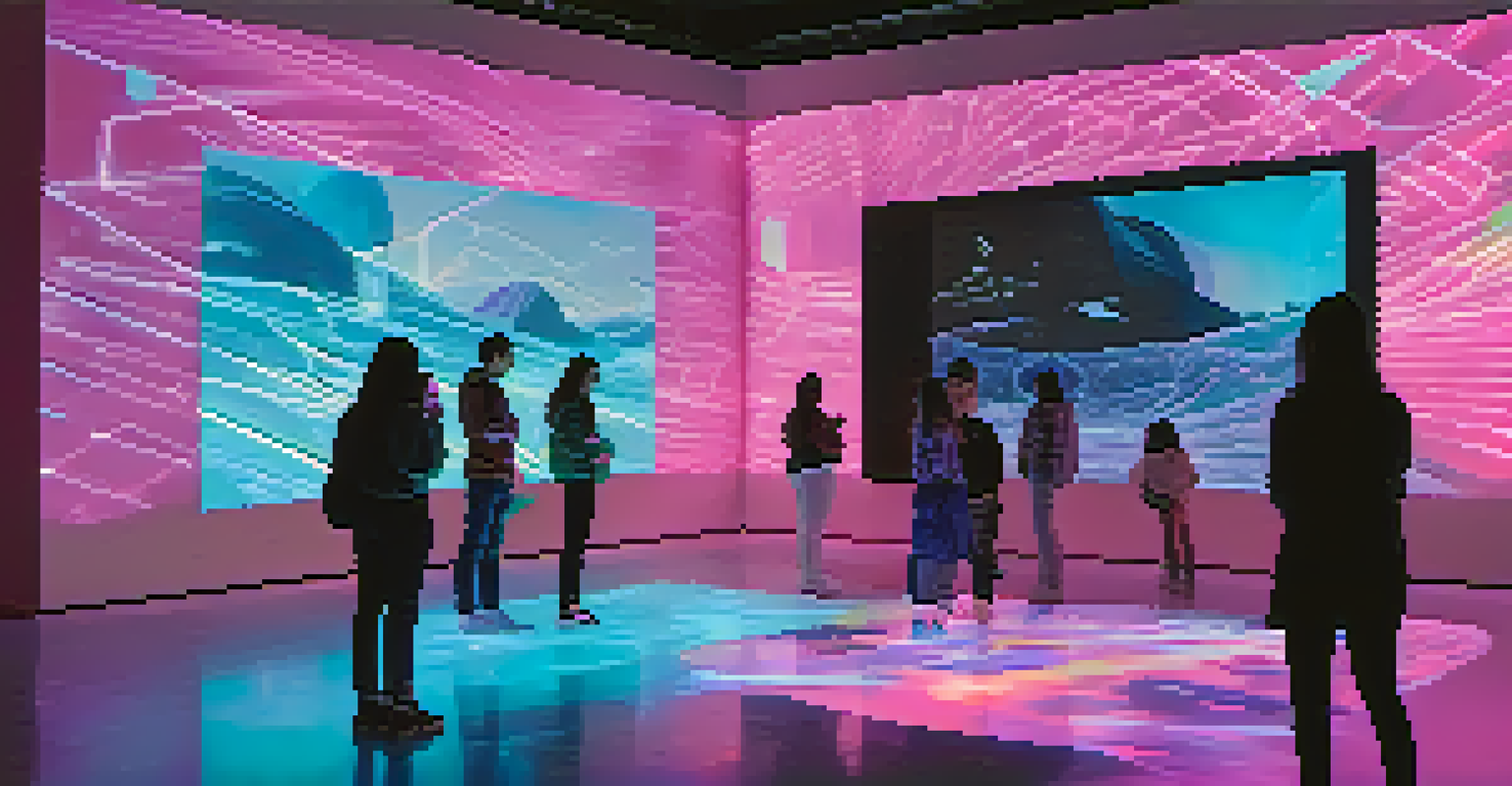 Visitors engaging with an interactive art installation that combines augmented reality and traditional art, surrounded by vibrant colors and soft lighting.