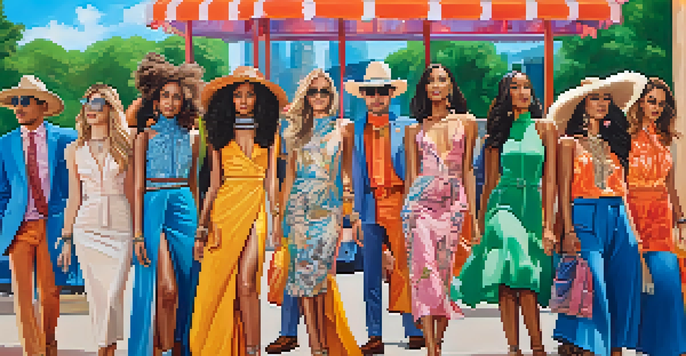 A group of diverse fashion influencers at an outdoor event in Austin, wearing a mix of traditional and modern styles, with colorful displays in the background.