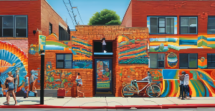 A colorful mural on a brick wall in East Austin with people walking by, under a clear blue sky.