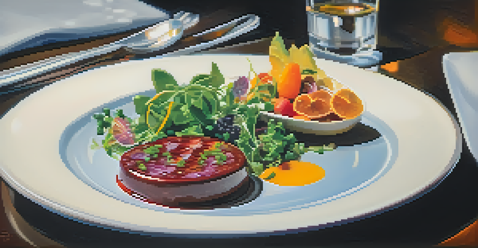A close-up of an elegantly plated dish at a fine dining restaurant, showcasing vibrant colors and artistic presentation.
