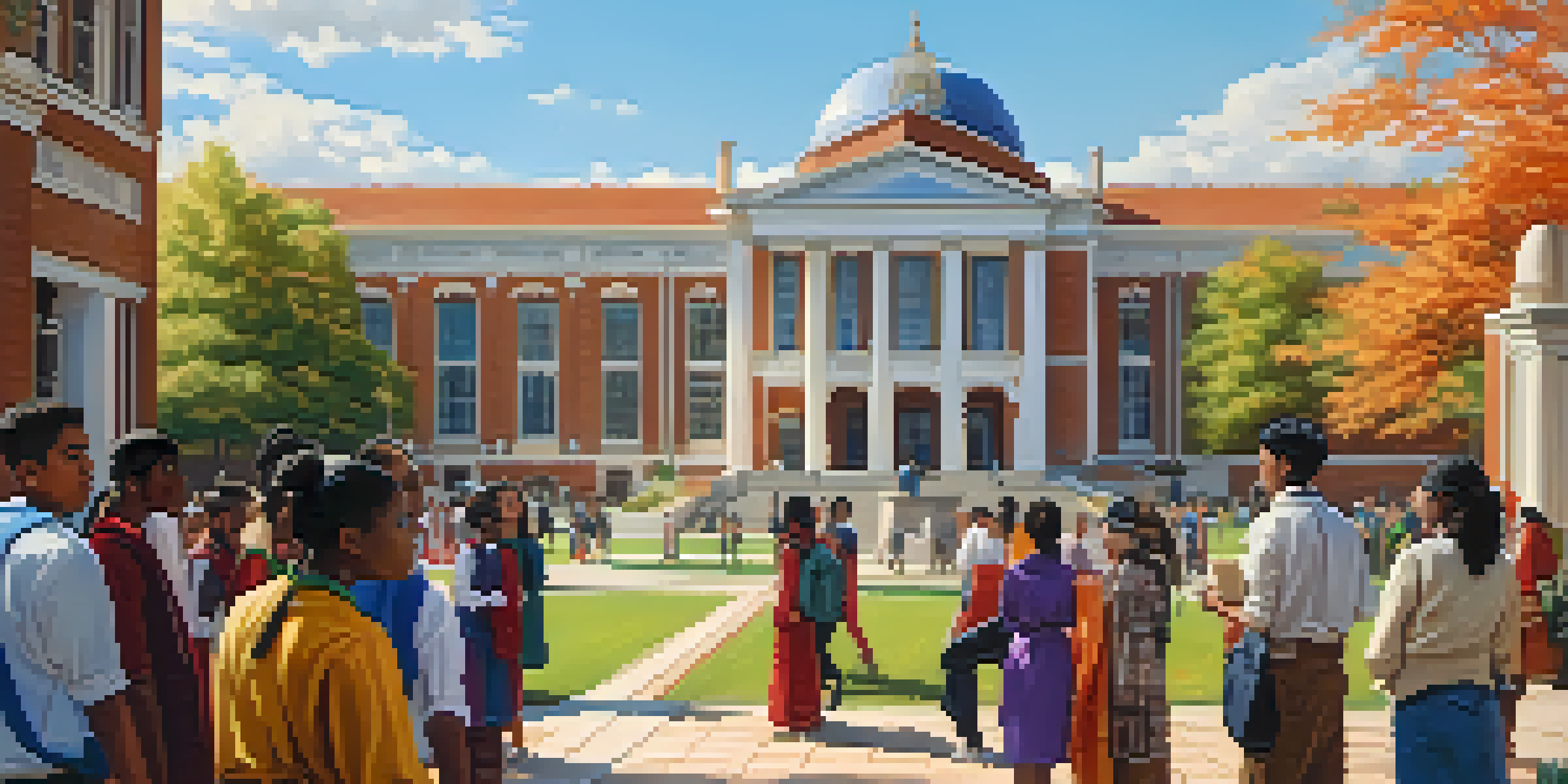 A university campus with diverse students sharing traditional clothing and food, set against iconic architecture and a clear blue sky.