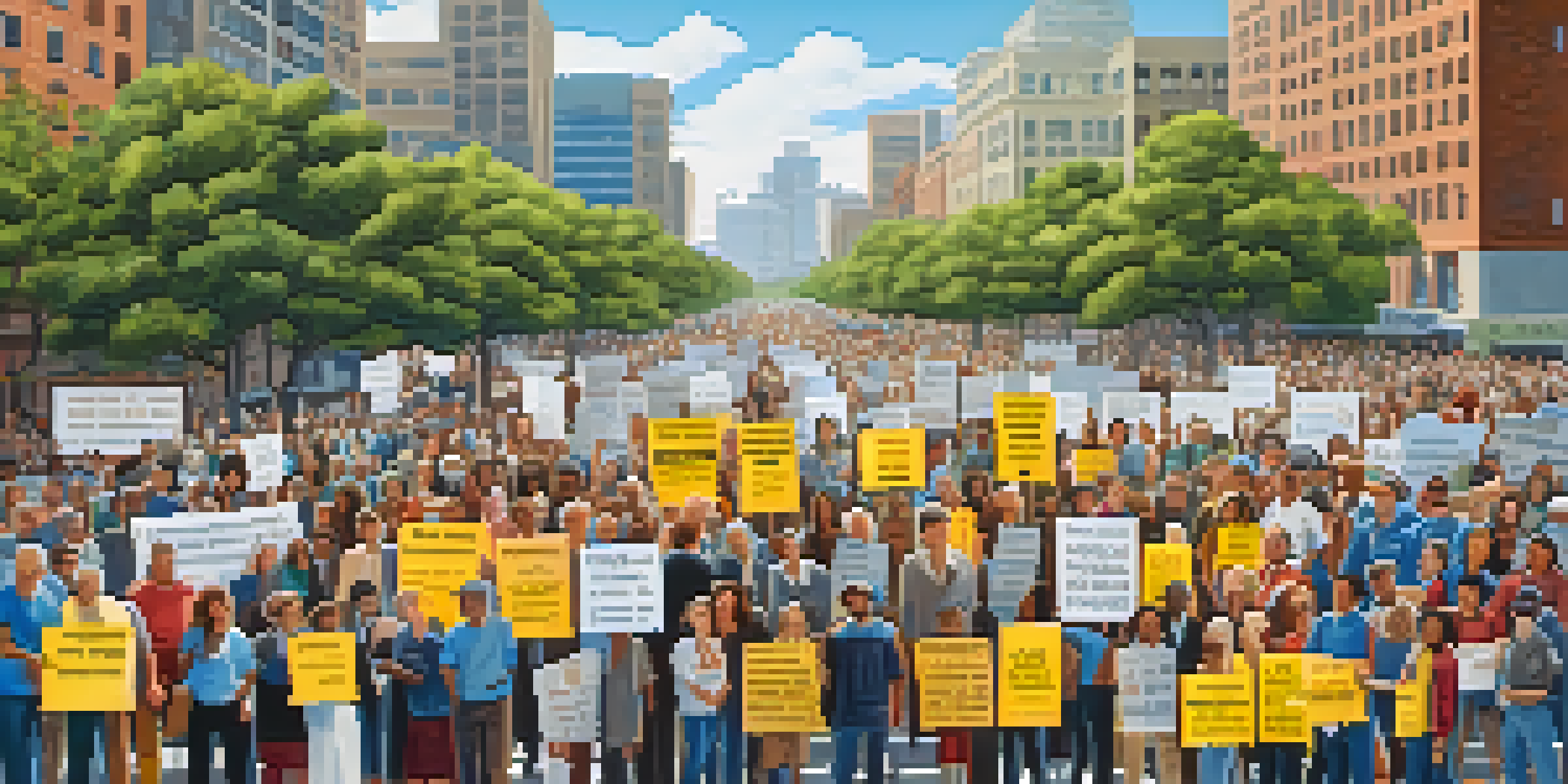 A lively outdoor rally with people holding signs for affordable housing and environmental advocacy in an urban setting.