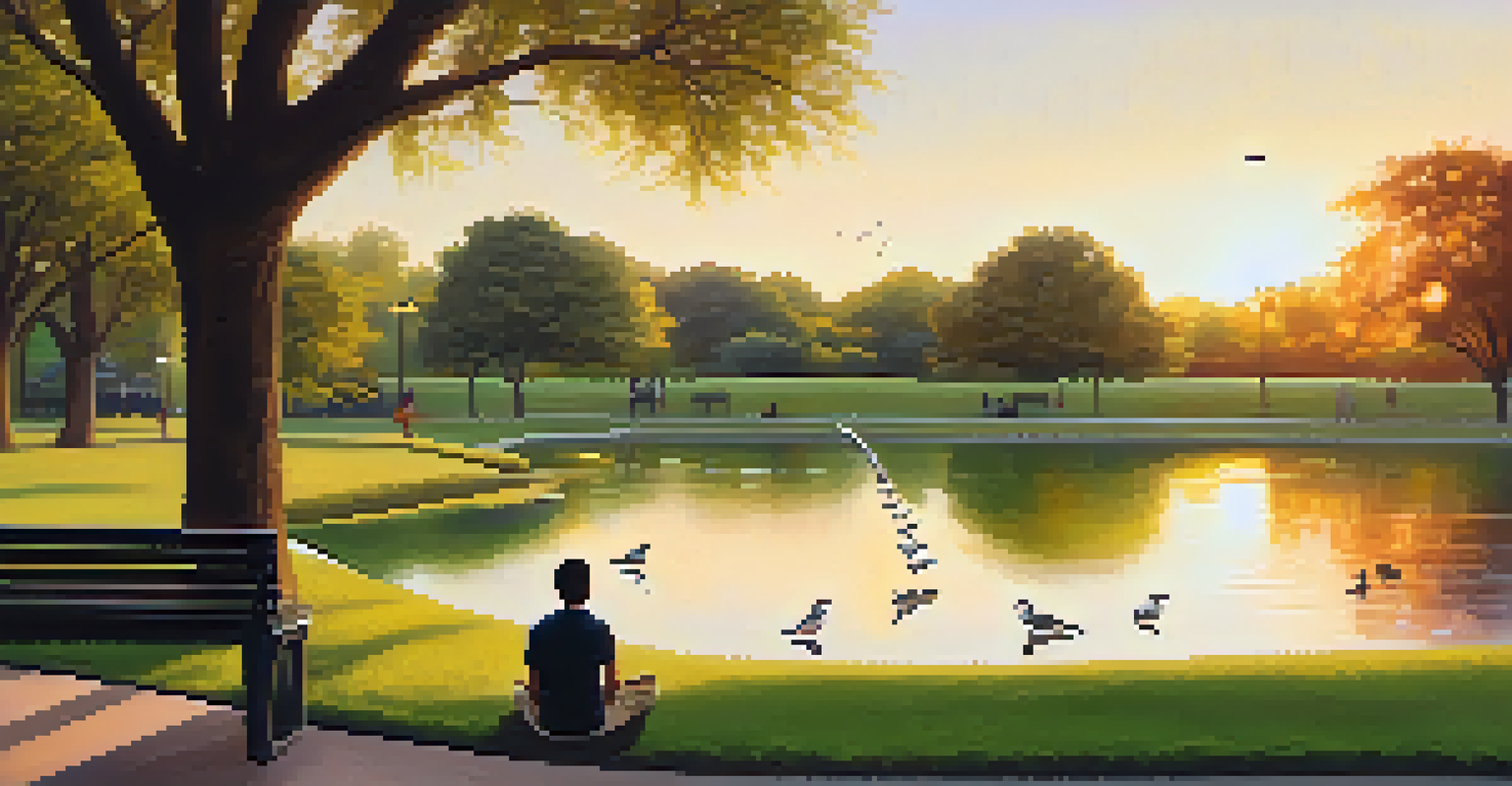 A peaceful park scene in Austin at sunset, featuring a person meditating on a bench surrounded by green trees and the warm glow of sunset.