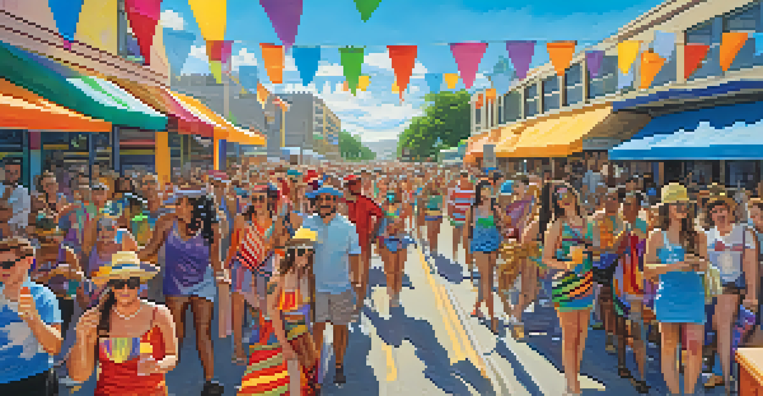 Participants in vibrant costumes celebrating at the Austin Pride Festival parade, with rainbow flags and a lively crowd.