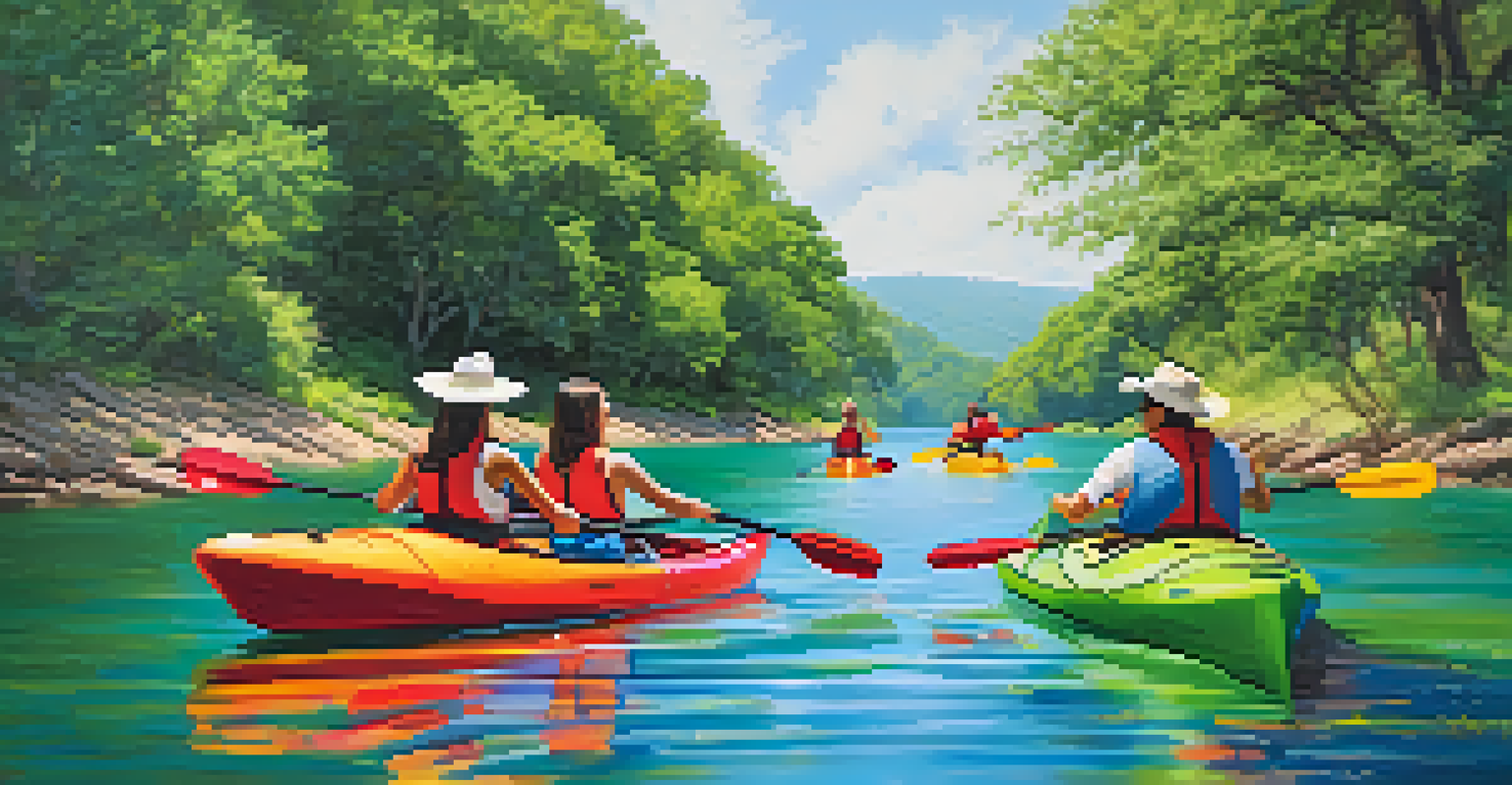 Group of friends kayaking together on Lake Austin with homes and greenery around.