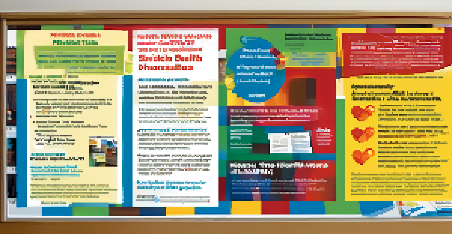 A colorful flyer on a bulletin board promoting free health screenings, surrounded by other health resources in a community library.