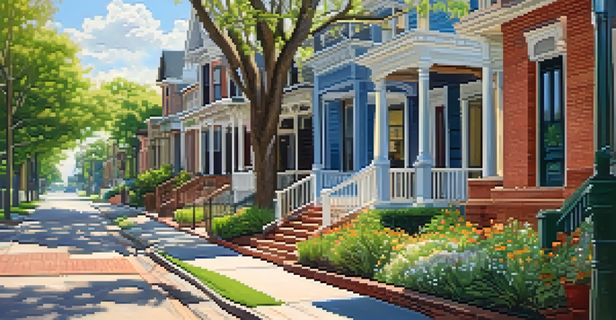 A scenic view of a street in The Heights neighborhood, showcasing historic Victorian homes and lush greenery.