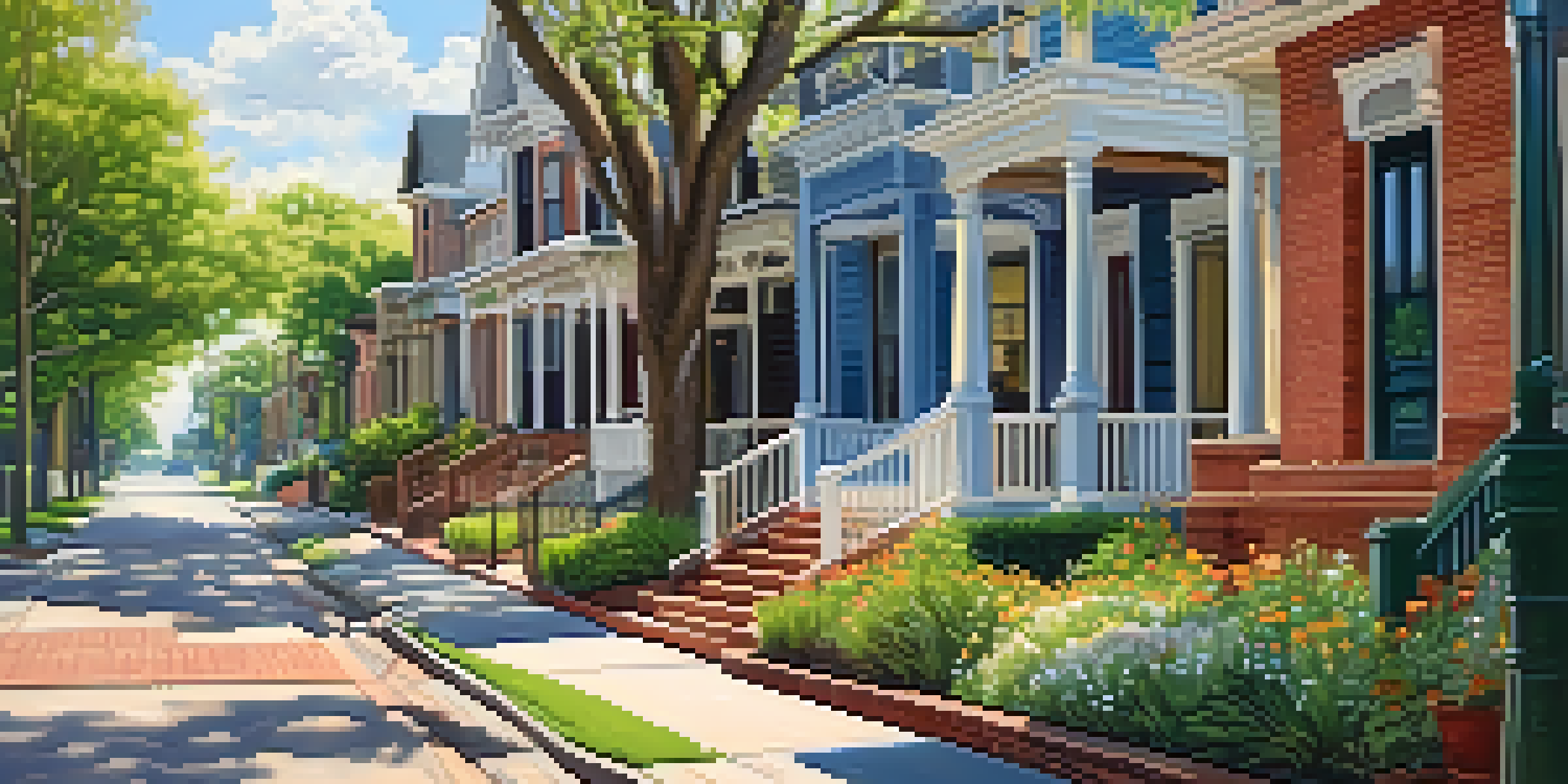 A scenic view of a street in The Heights neighborhood, showcasing historic Victorian homes and lush greenery.