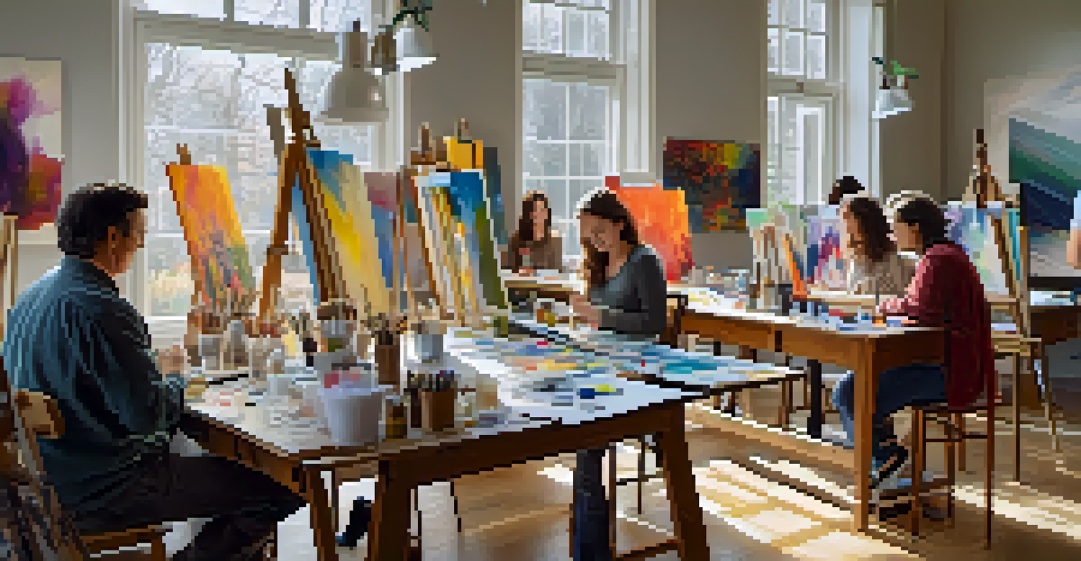 A cozy art studio with artists of various backgrounds engaged in a collaborative painting workshop, filled with natural light and colorful art supplies.