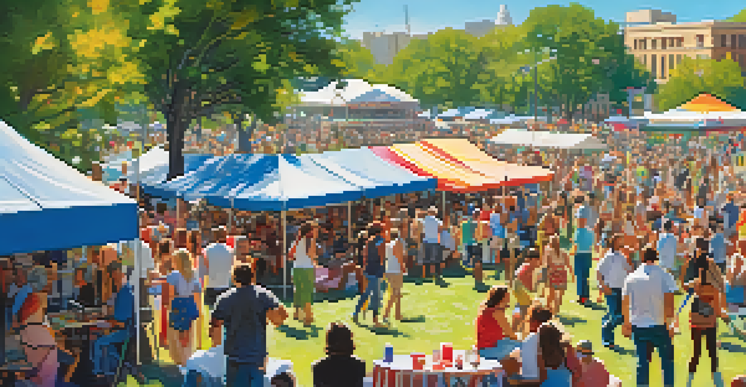 A lively outdoor festival in Austin with a diverse crowd enjoying music, colorful food stalls, and a clear blue sky.