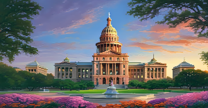 A sunset view of the Texas State Capitol with a pink granite facade and landscaped grounds full of flowers.