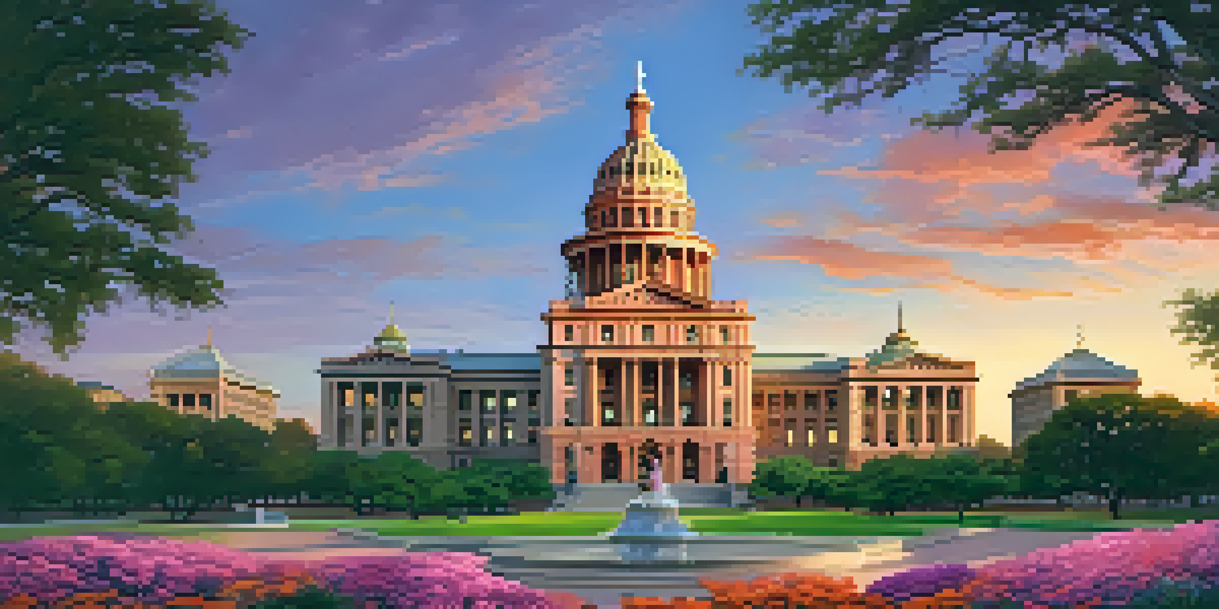 A sunset view of the Texas State Capitol with a pink granite facade and landscaped grounds full of flowers.