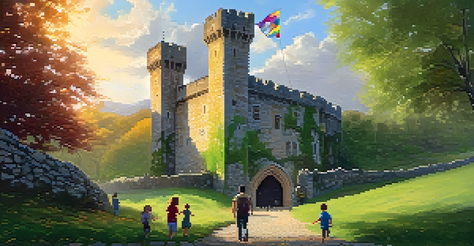 A family exploring a historic castle with stone walls and a colorful flag, bathed in warm sunlight.
