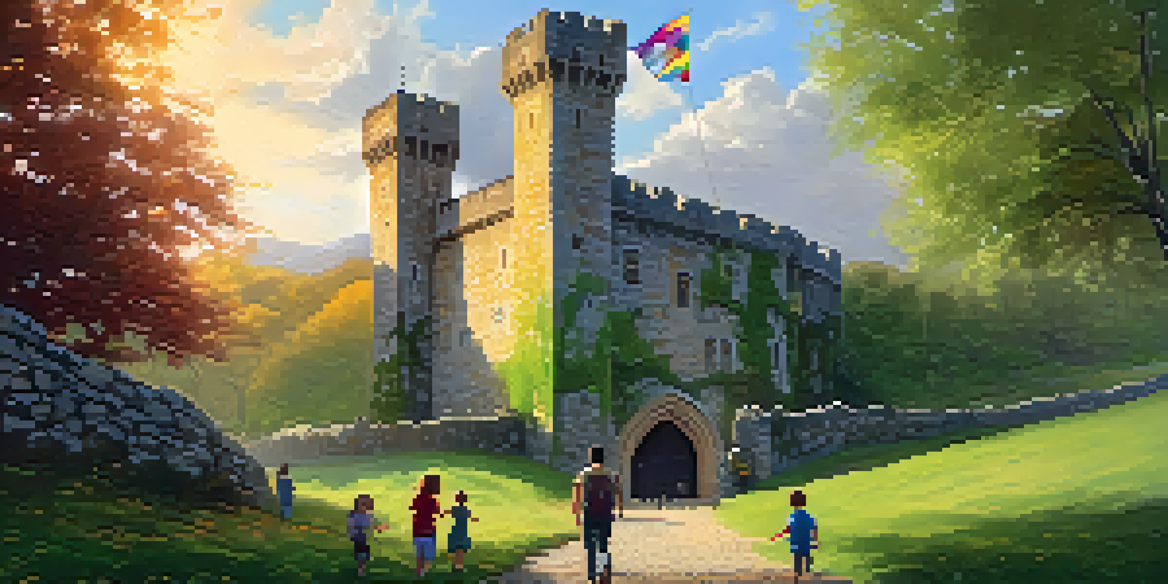 A family exploring a historic castle with stone walls and a colorful flag, bathed in warm sunlight.