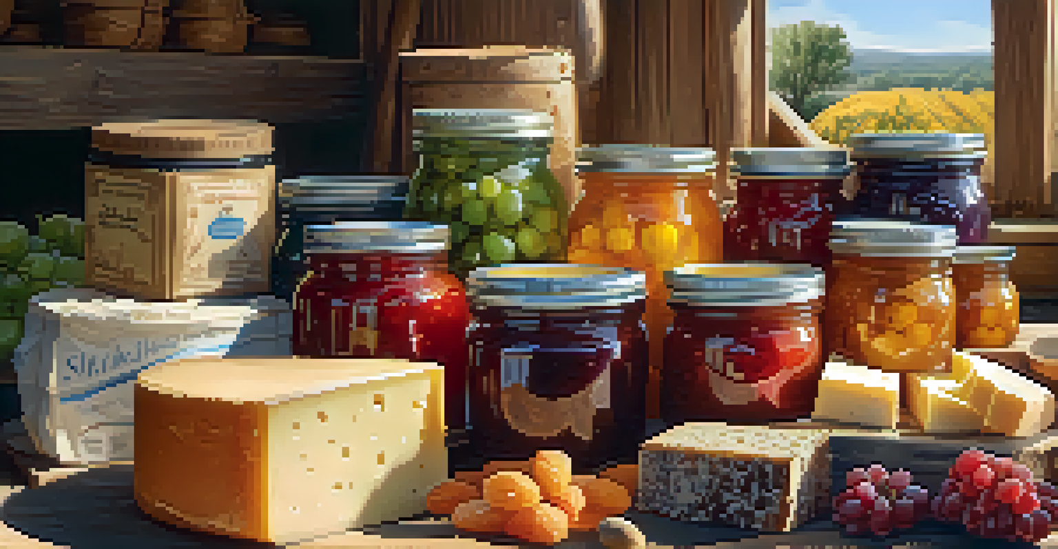A display of local food market products, featuring homemade jams and artisanal cheeses on a wooden table.