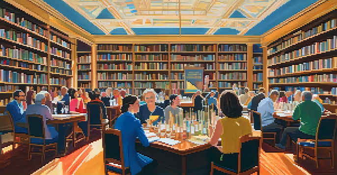 A vibrant literary awards ceremony in Austin with diverse authors, colorful attire, and a decorated venue.