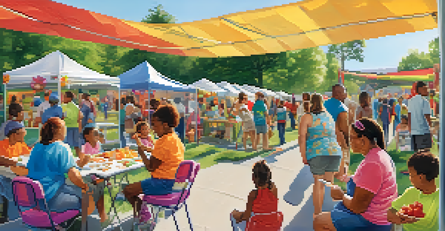 A lively outdoor community health fair with families participating in activities and booths offering health information.
