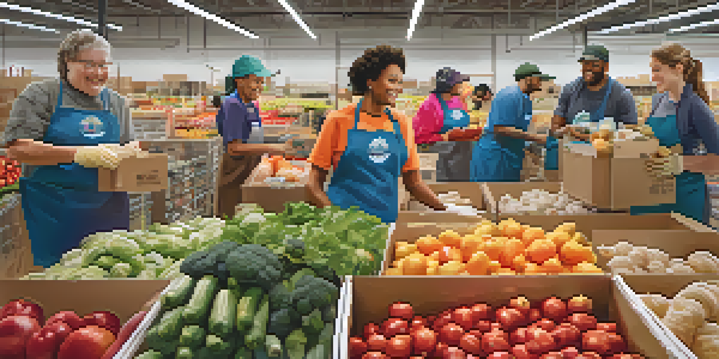 Diverse volunteers sorting food at the Central Texas Food Bank with smiles and camaraderie.