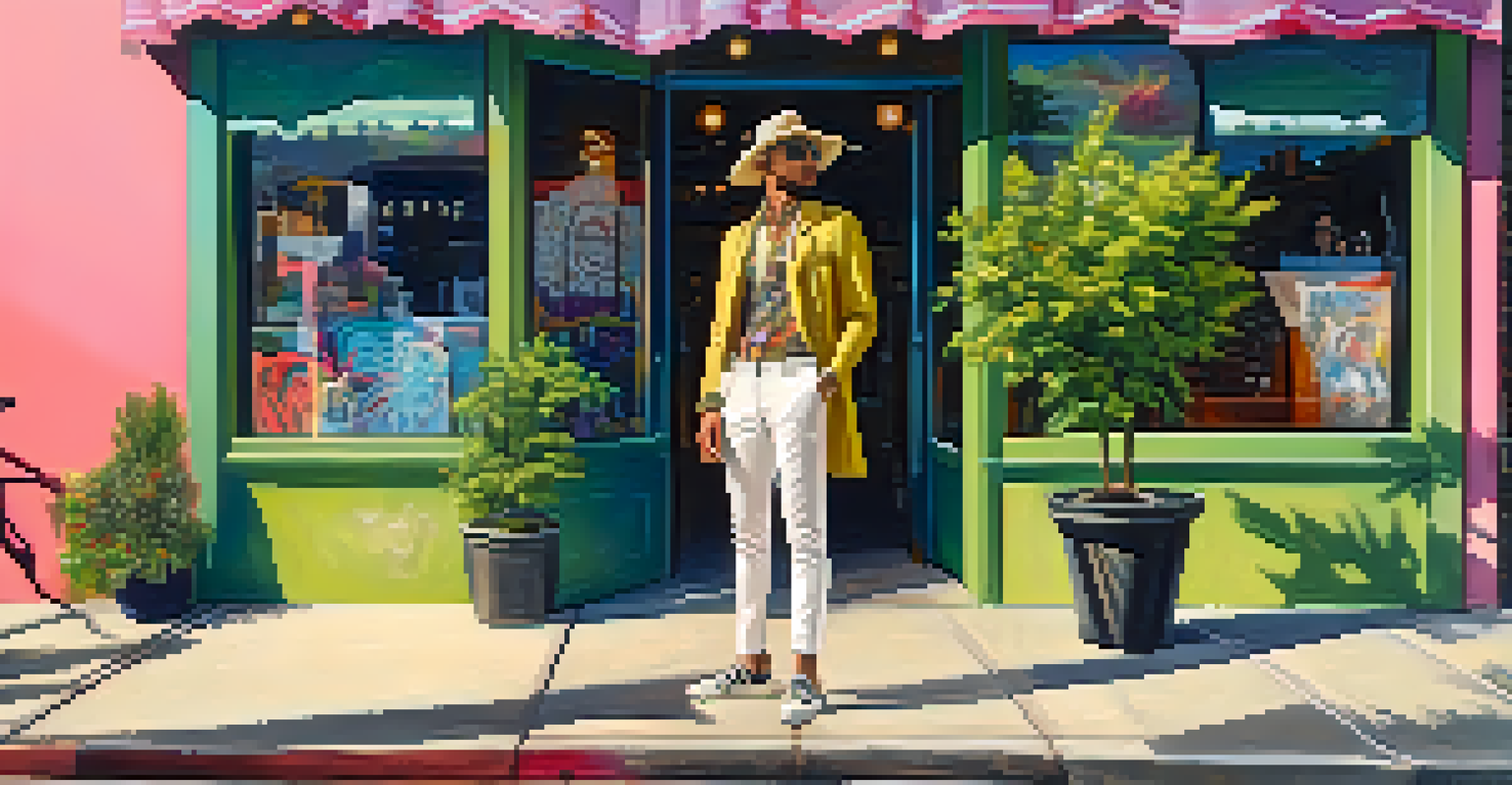 A fashionable person in a vintage outfit posing outside a trendy vintage store with colorful street art in the background.