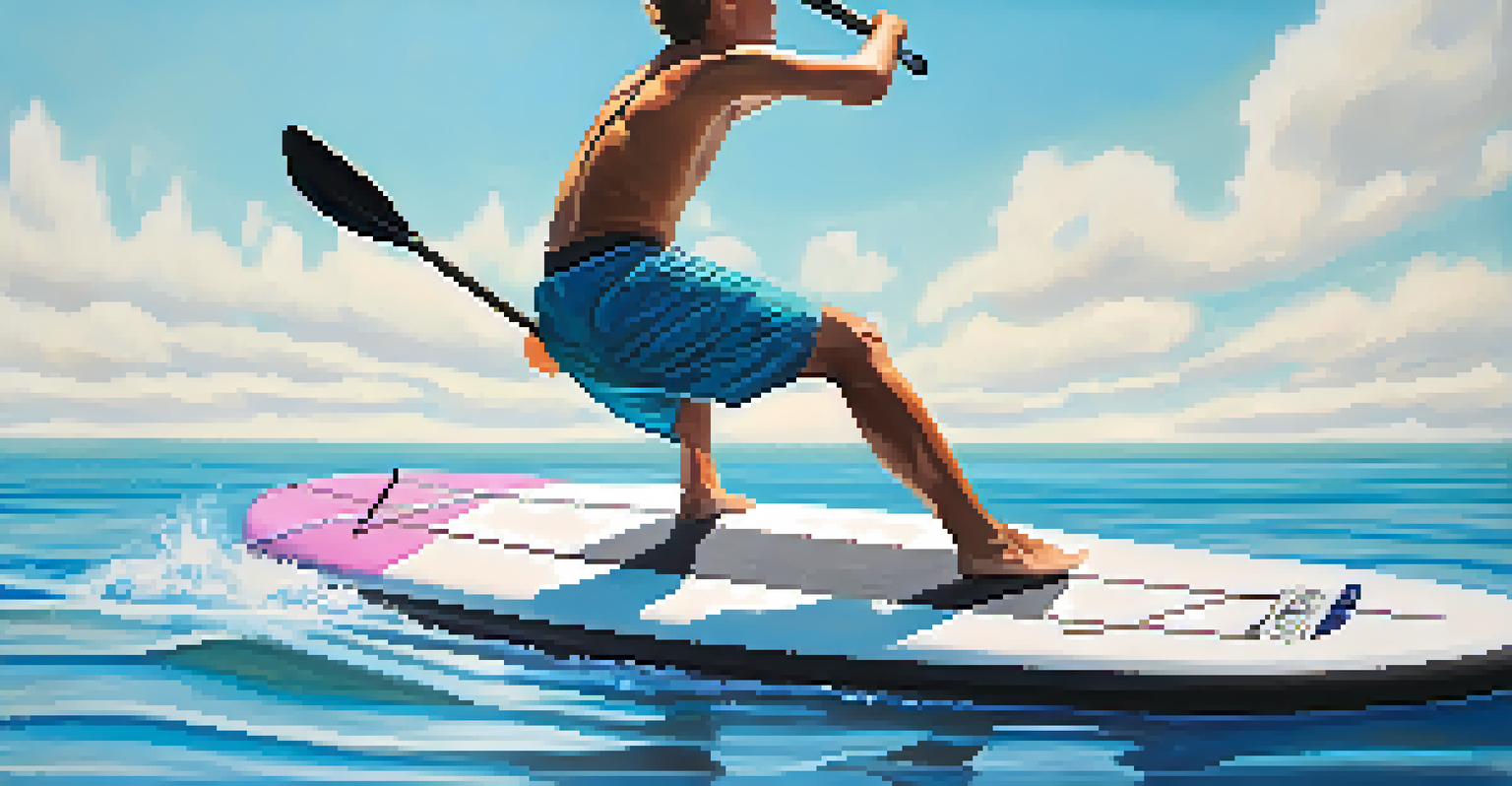 A beginner paddleboarder practicing balance on an inflatable board in clear blue water.