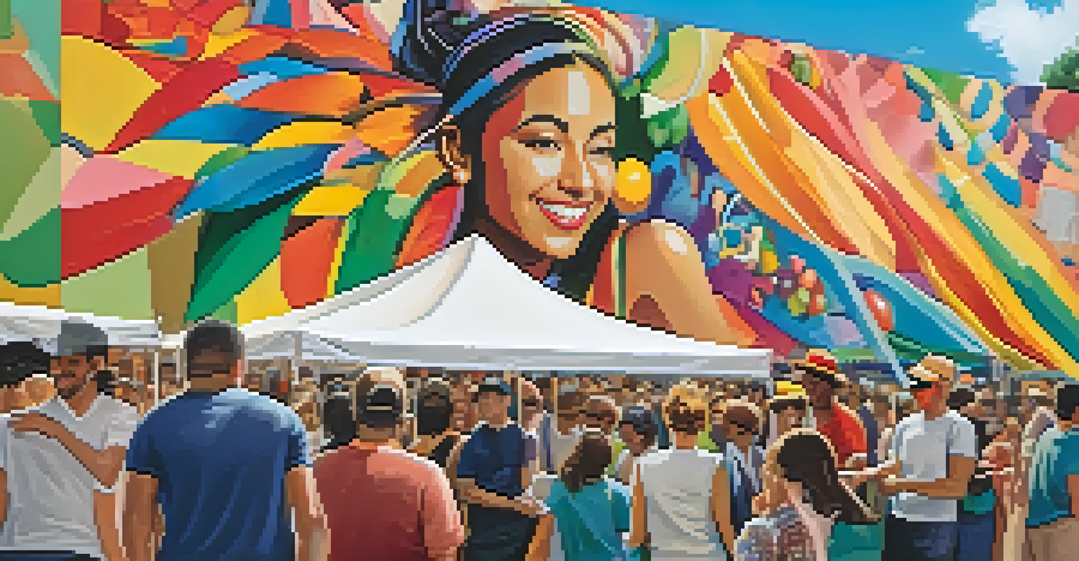 An artist painting a colorful mural at a festival, with a crowd watching and food stalls in the background.