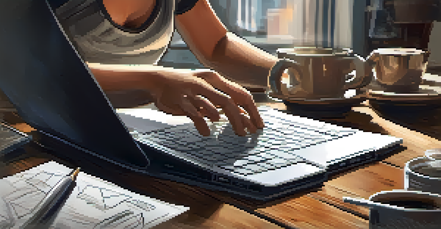 Close-up of hands typing on a laptop, with sketch notes and a coffee cup on a rustic wooden table.