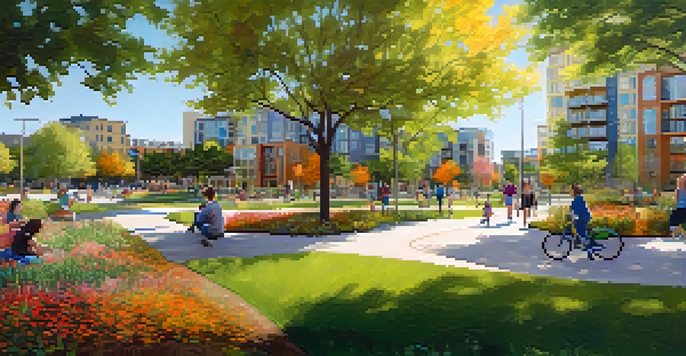 A lively urban park with families, green spaces, and modern buildings in the background.