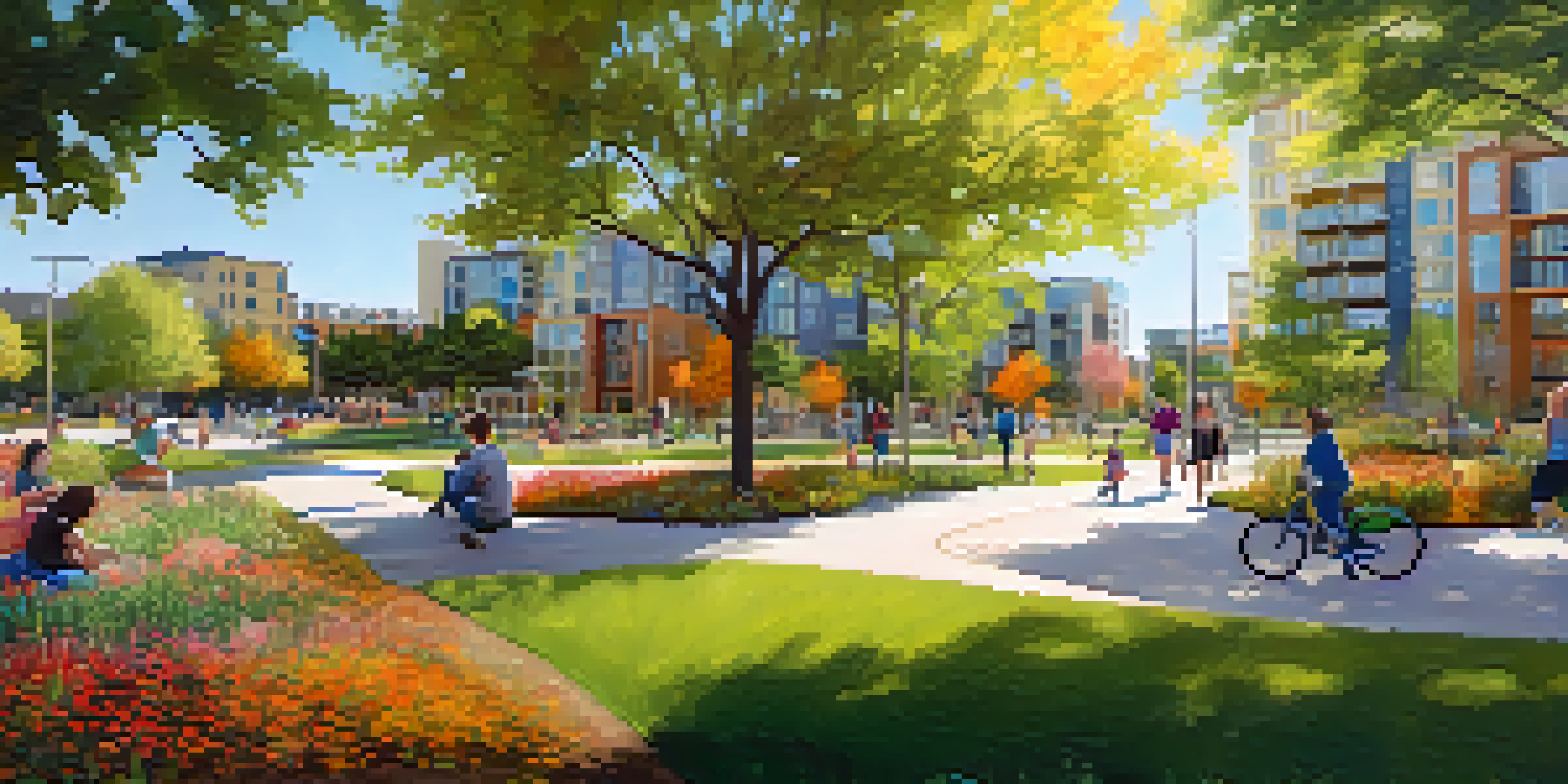 A lively urban park with families, green spaces, and modern buildings in the background.