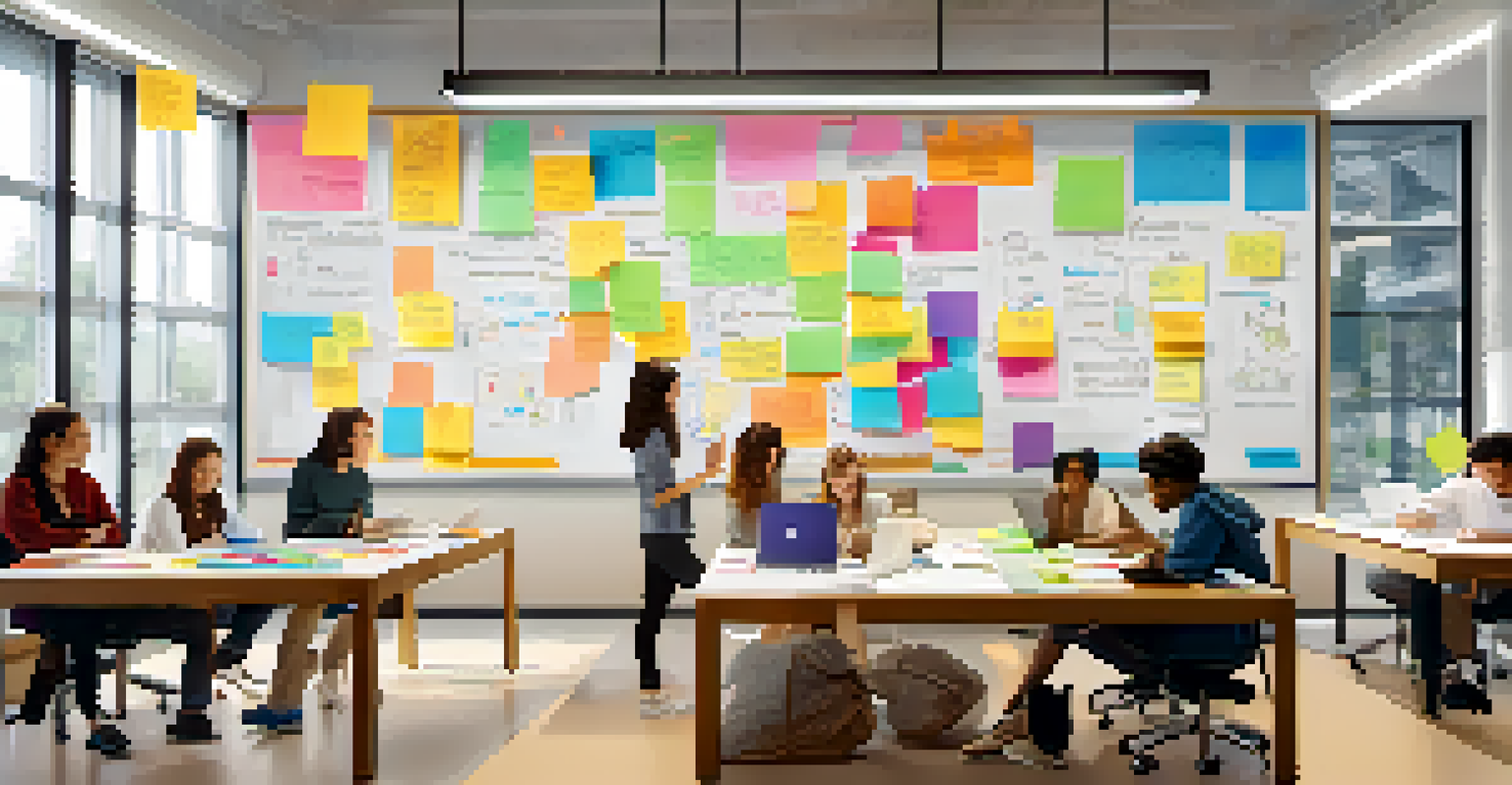 A collaborative study space with diverse students brainstorming ideas on a whiteboard, surrounded by sticky notes and a bright atmosphere.