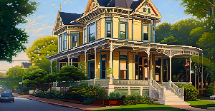 A view of Victorian homes in Austin's Landmark District, surrounded by greenery and parks during golden hour.