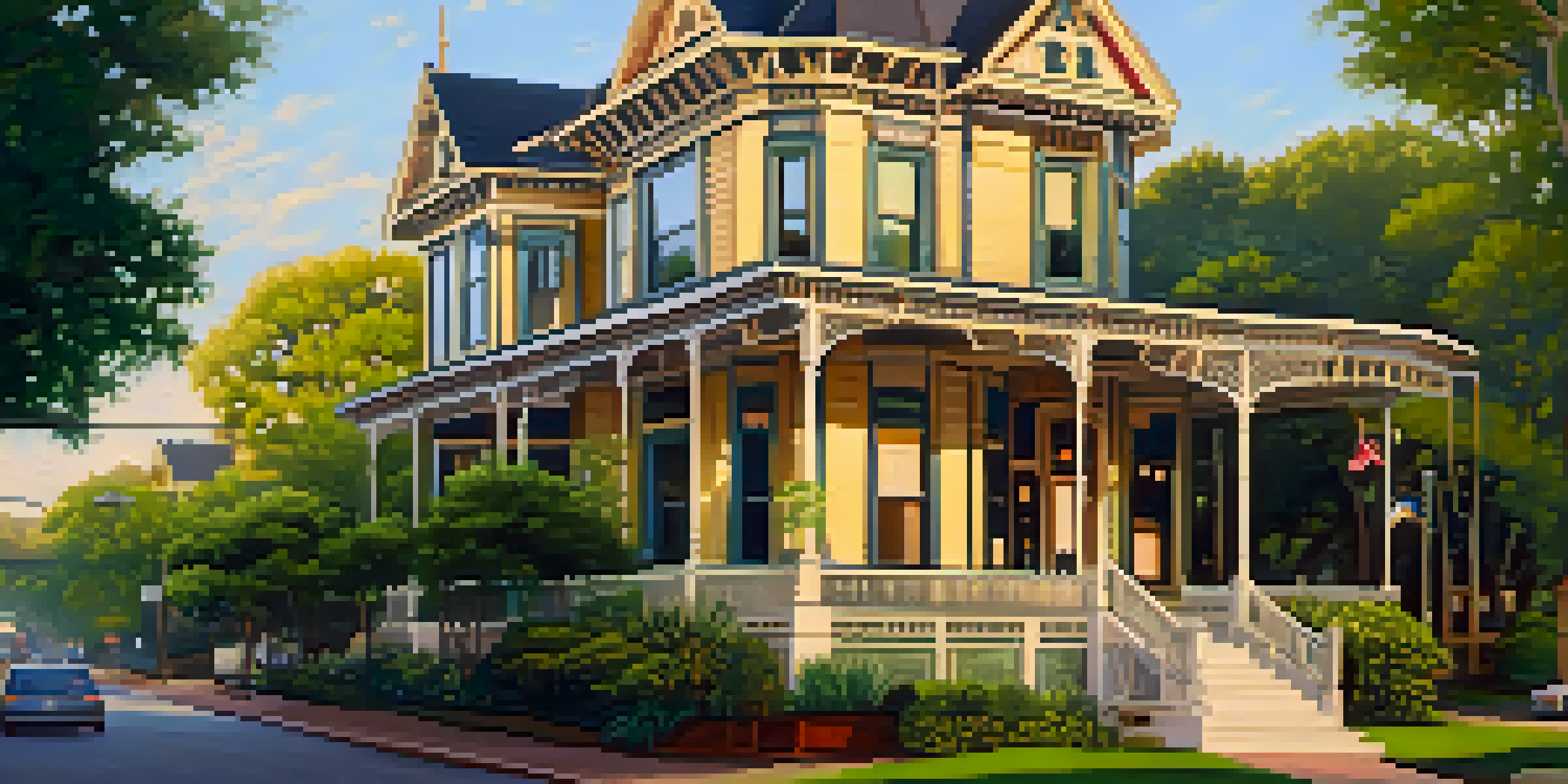 A view of Victorian homes in Austin's Landmark District, surrounded by greenery and parks during golden hour.