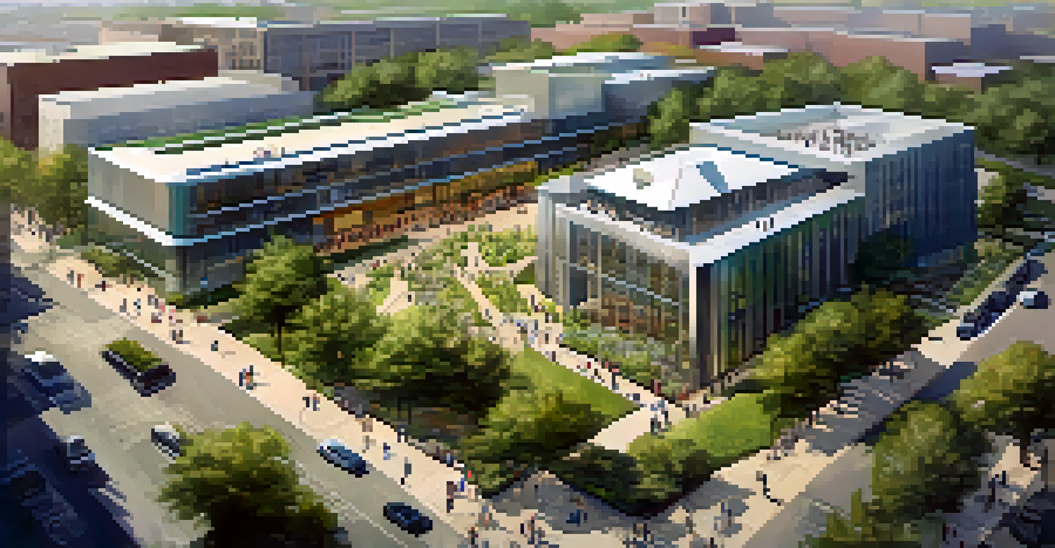 Aerial view of the Moody Center, surrounded by urban elements and green spaces, with people arriving for events.