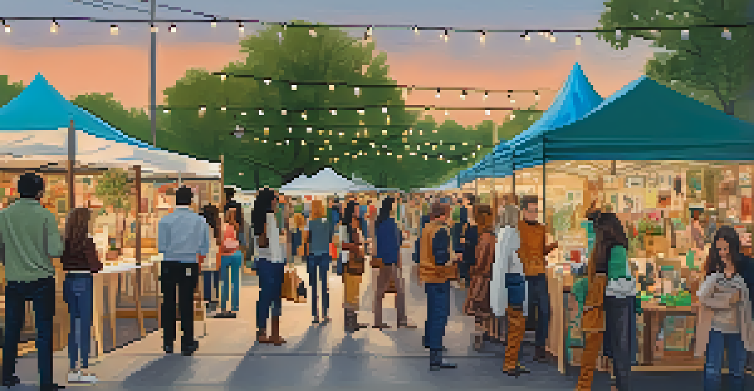 A lively pop-up market in Austin featuring local designers showcasing sustainable fashion, with shoppers browsing and colorful banners overhead.