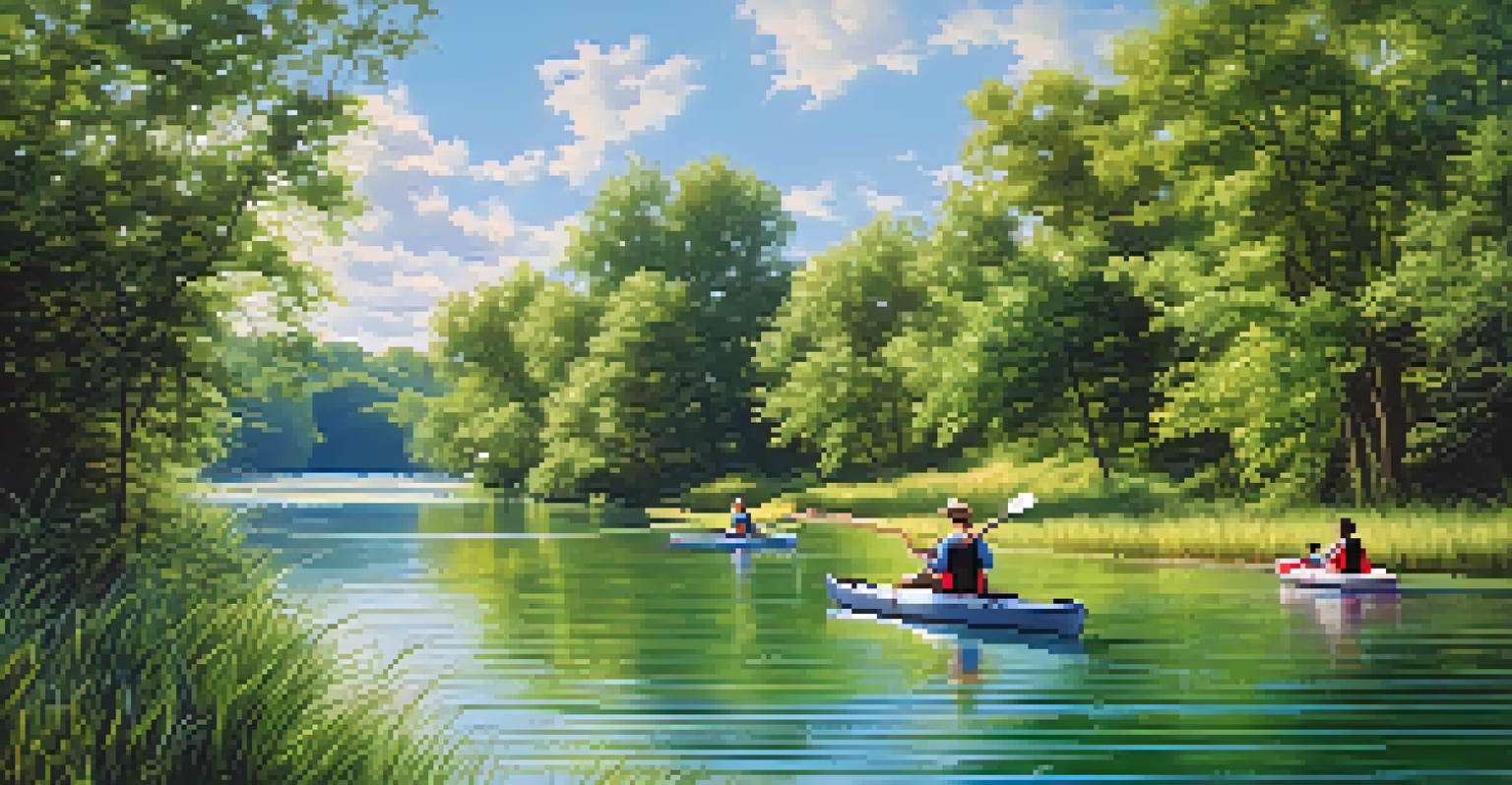 A family enjoying kayaking and fishing by the river, surrounded by greenery and under a bright blue sky.