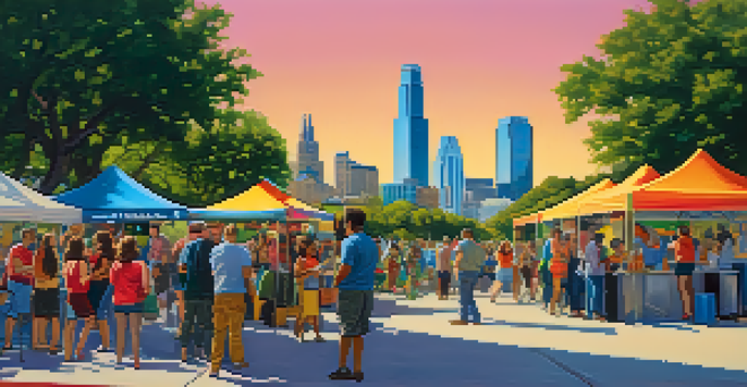 A lively outdoor tech conference in Austin, Texas, with attendees chatting and food trucks in the background.