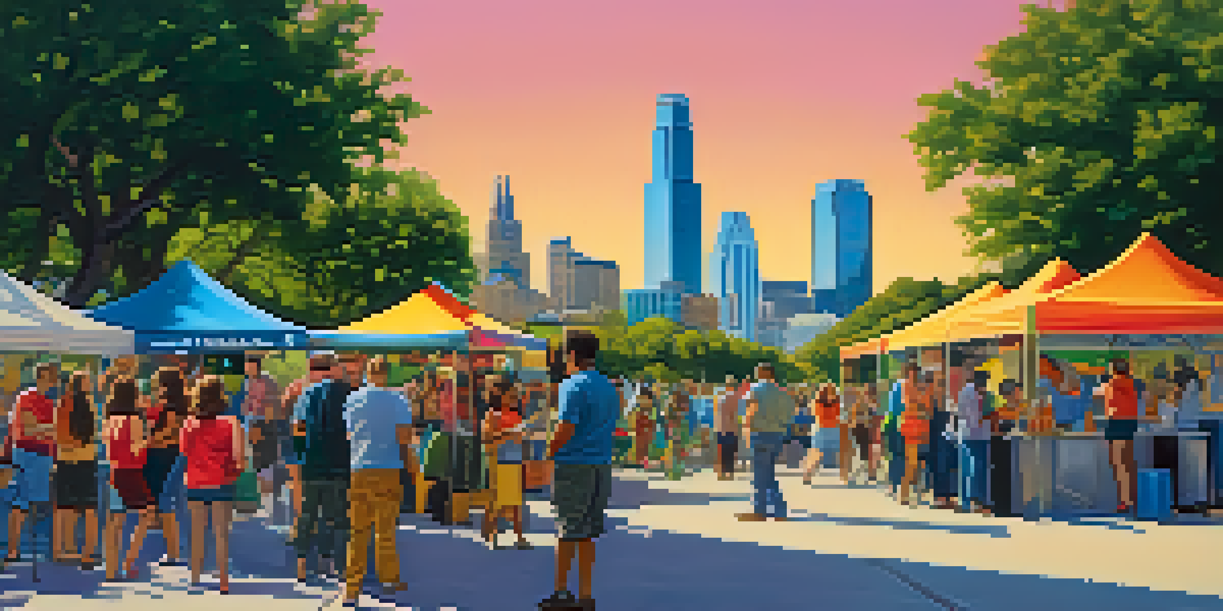 A lively outdoor tech conference in Austin, Texas, with attendees chatting and food trucks in the background.
