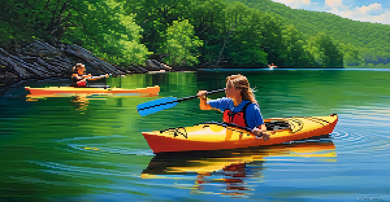 Teens kayaking on a clear lake surrounded by green hills and wildflowers.