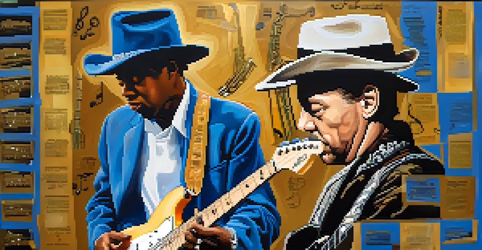 A collage of legendary blues artists from Austin, featuring portraits of Stevie Ray Vaughan and Jimmie Vaughan with musical notes.