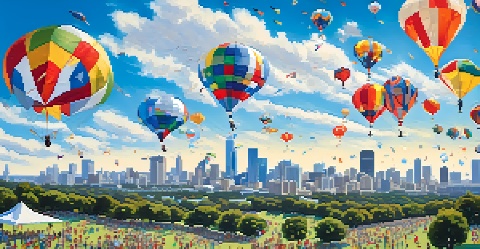 An aerial view of the Zilker Kite Festival with colorful kites and families in Zilker Park against the Austin skyline.