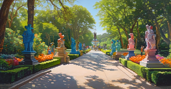 A lively outdoor art scene at Laguna Gloria with people engaging with sculptures amidst greenery and flowers.